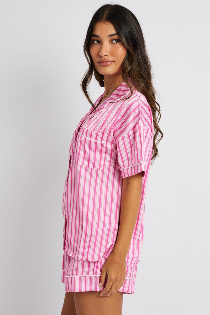 Pink Stripe Pyjama Set Multi Stripe Satin Piping PJ for Ally Fashion