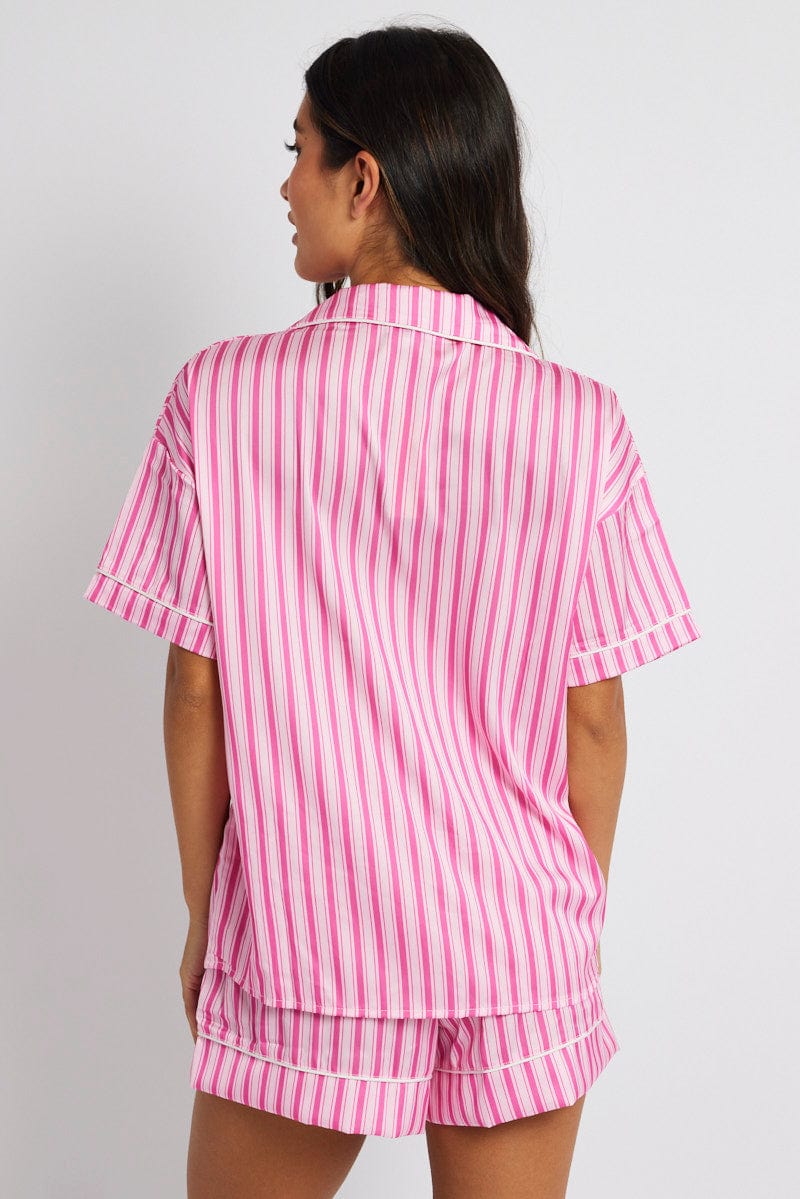 Pink Stripe Pyjama Set Multi Stripe Satin Piping PJ for Ally Fashion