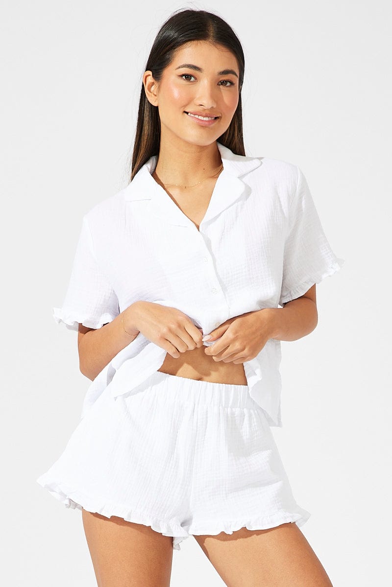 White Ruffle PJ Button Through Textured Pyjama Set for Ally Fashion