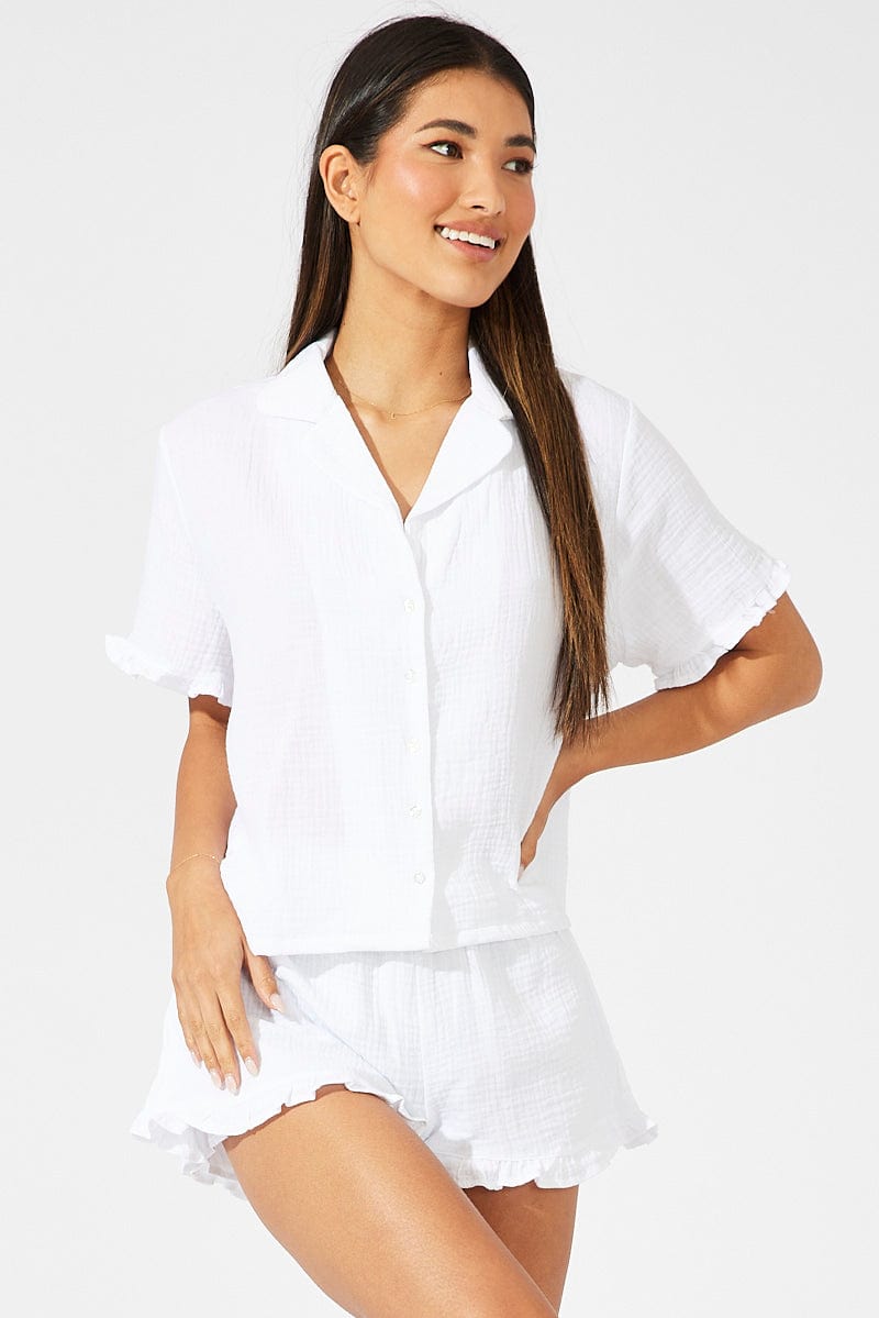 White Ruffle PJ Button Through Textured Pyjama Set for Ally Fashion