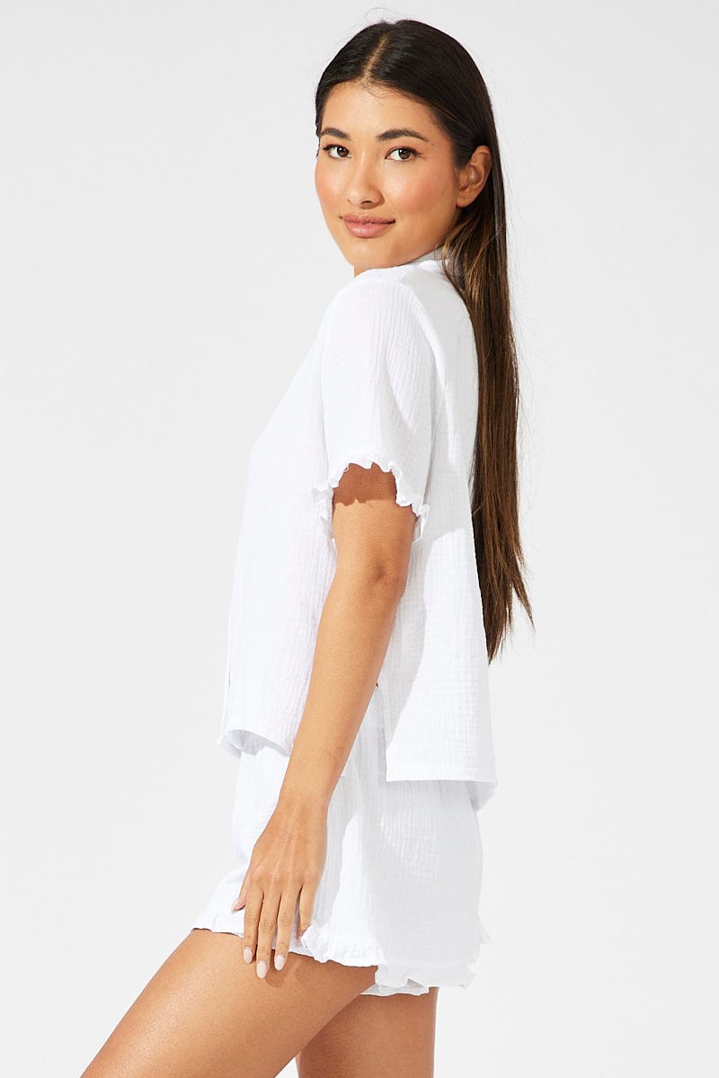 White Ruffle PJ Button Through Textured Pyjama Set for Ally Fashion