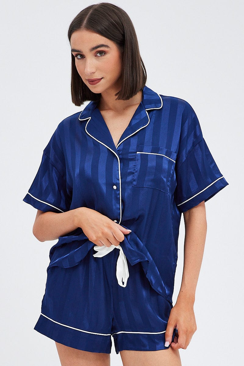 Blue Stripe Satin Pj Jacquard Stripe Piping Pyjama Set | Ally Fashion