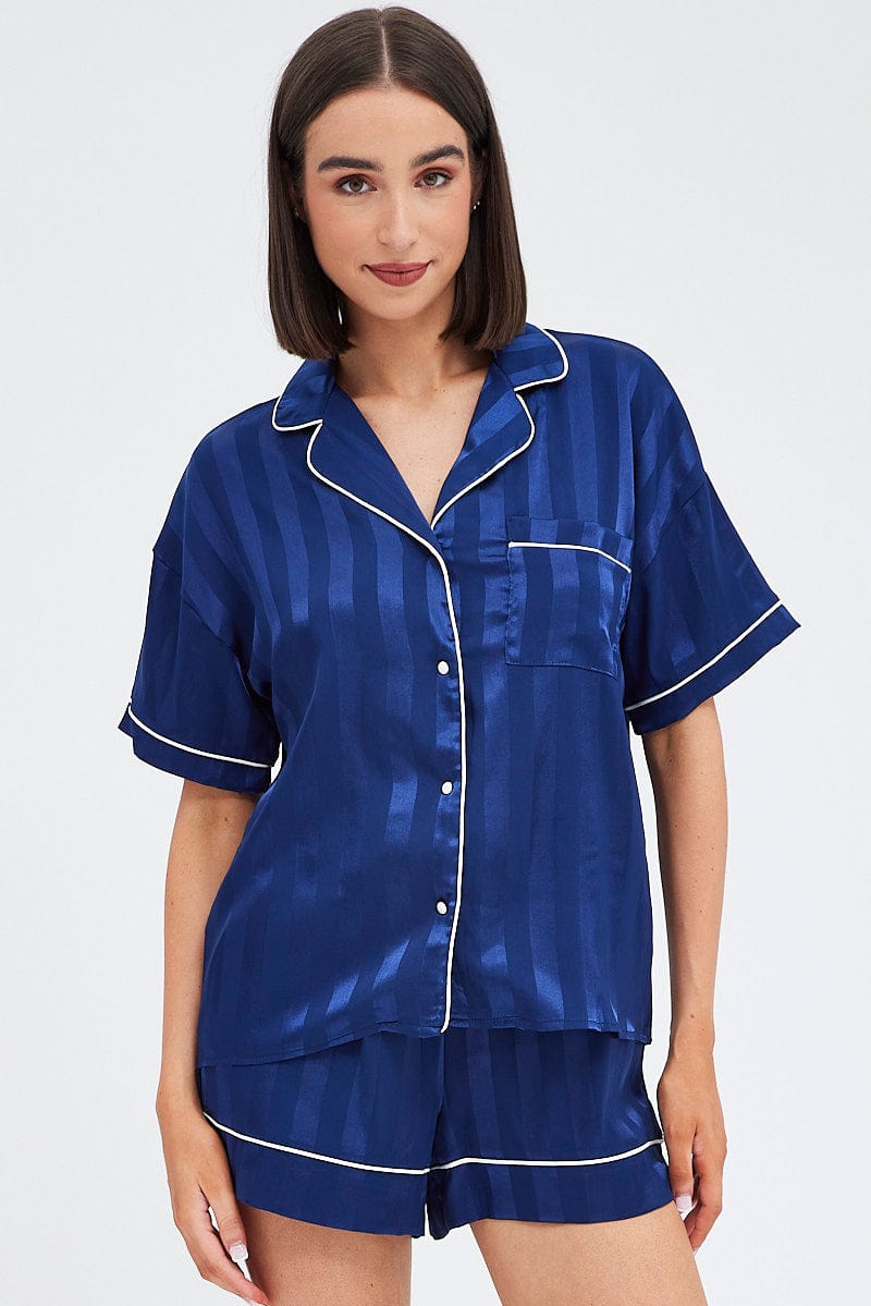 Blue Stripe Satin Pj Jacquard Stripe  Piping Pyjama Set for Ally Fashion