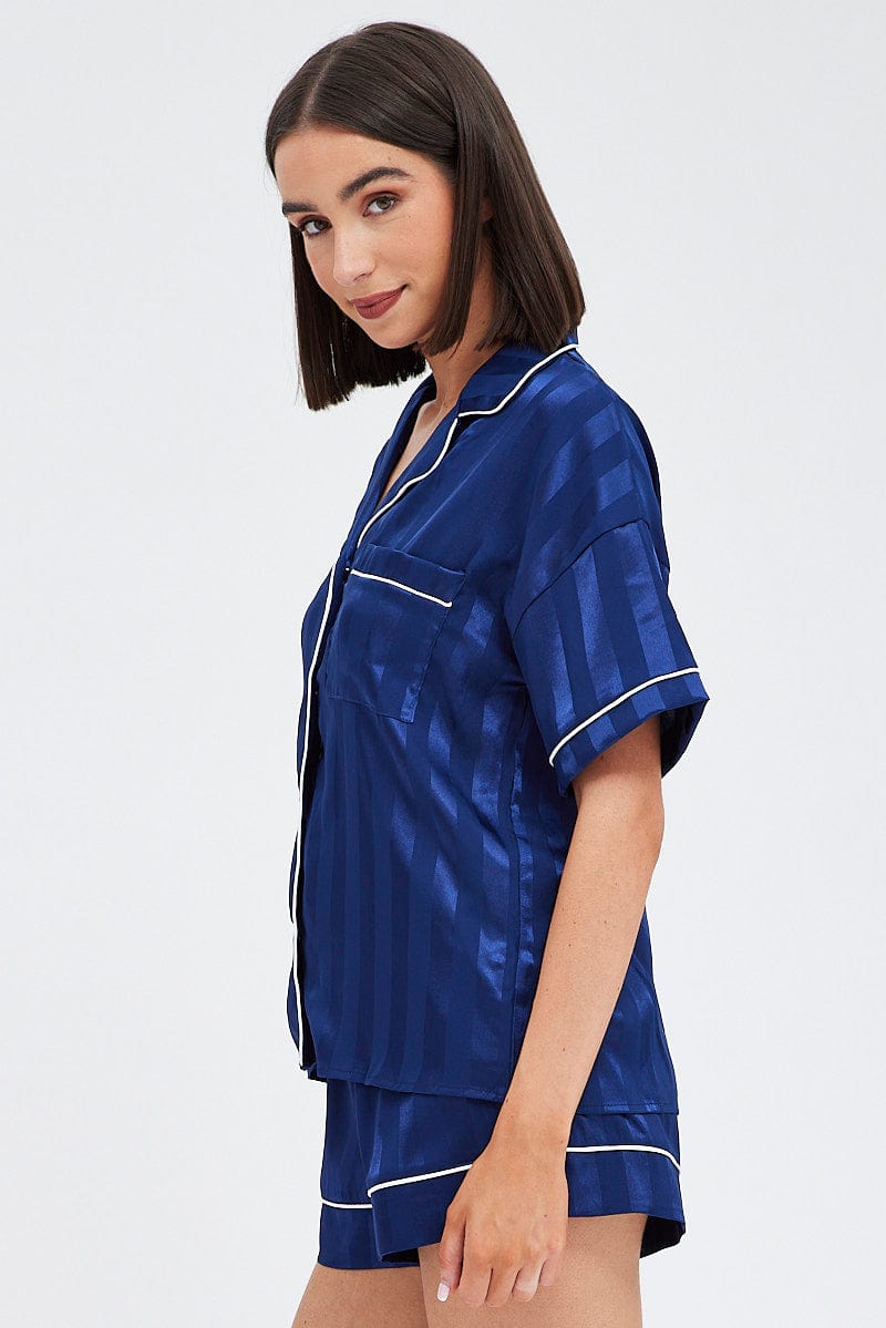 Blue Stripe Satin Pj Jacquard Stripe  Piping Pyjama Set for Ally Fashion