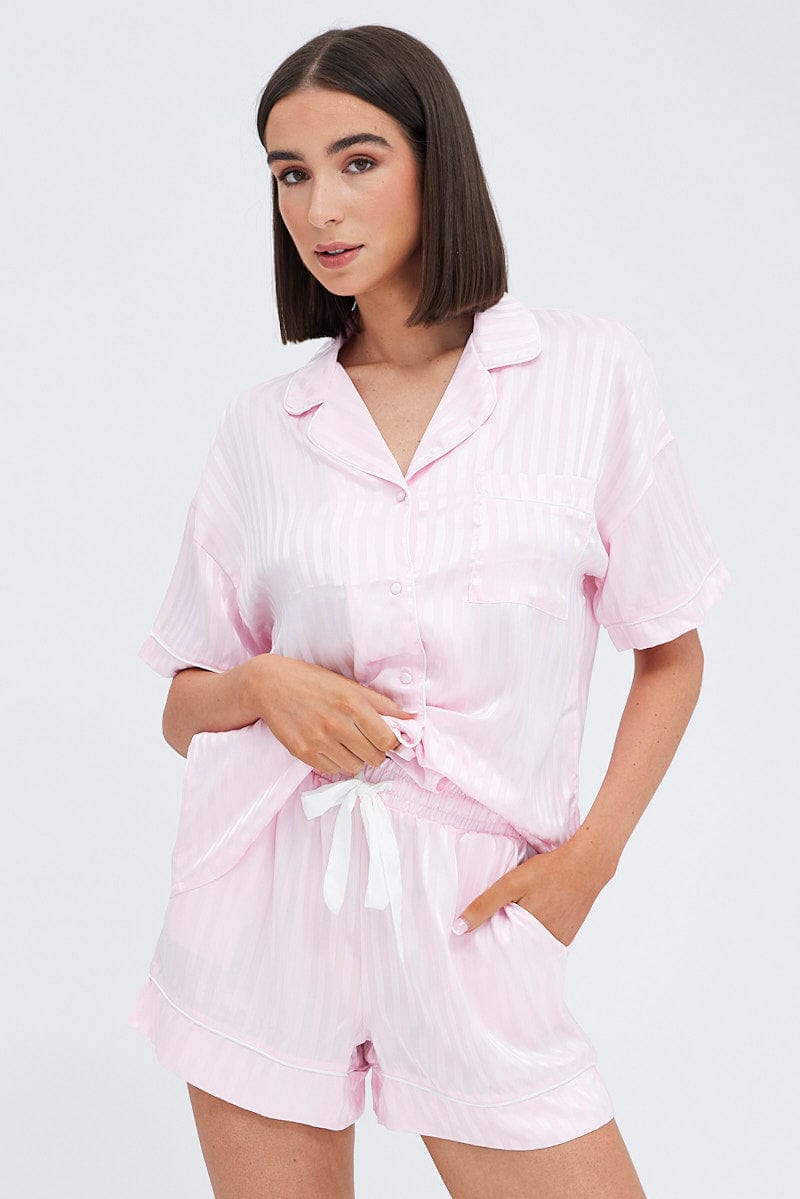 Pink Stripe Satin Stripe Pj Piping Button Through Pyjama Set for Ally Fashion