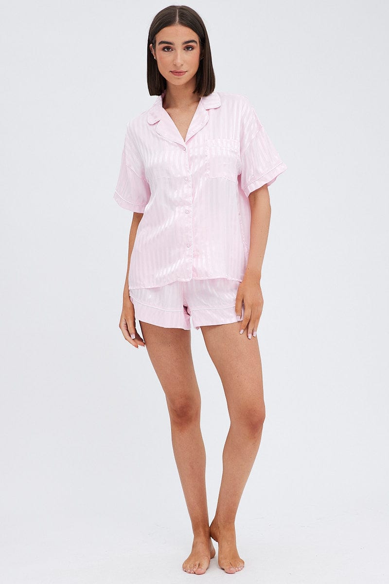 Pink Stripe Satin Stripe Pj Piping Button Through Pyjama Set for Ally Fashion