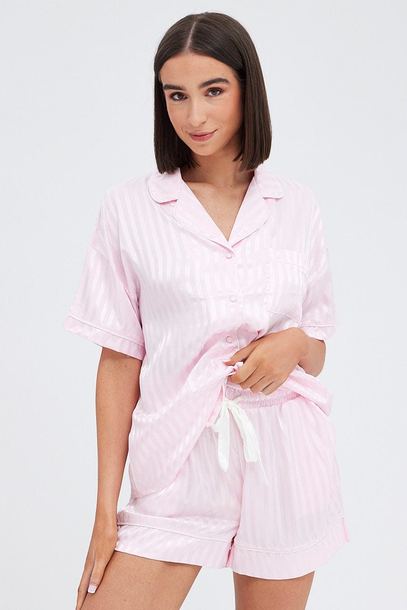 Pink Stripe Satin Stripe Pj Piping Button Through Pyjama Set for Ally Fashion