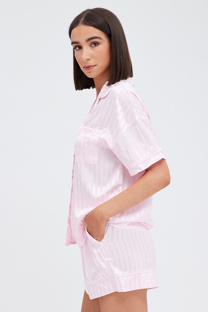 Pink Stripe Satin Stripe Pj Piping Button Through Pyjama Set | Ally Fashion