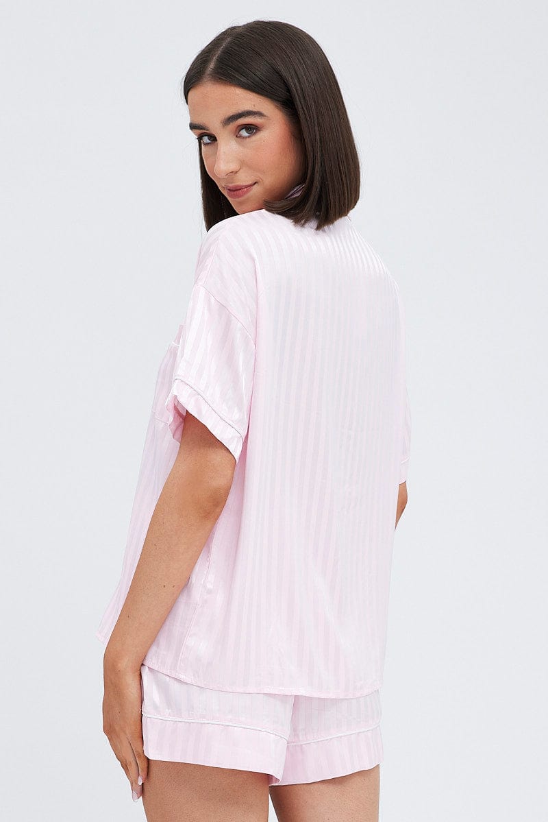 Pink Stripe Satin Stripe Pj Piping Button Through Pyjama Set for Ally Fashion