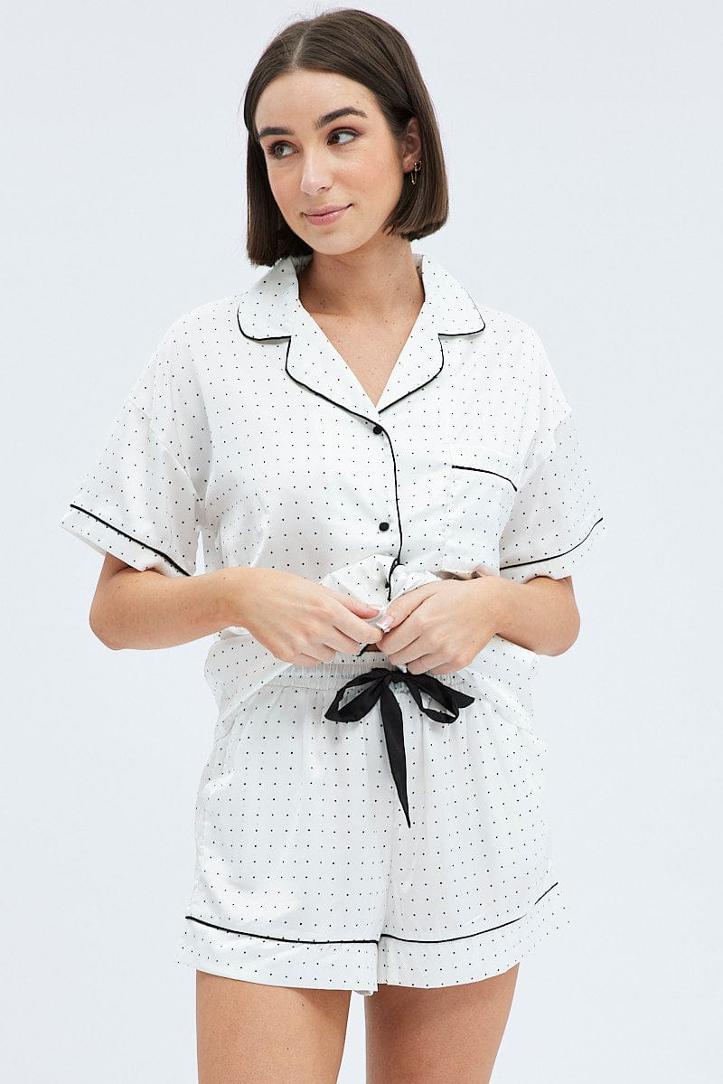 White Polka Dot Polka Pj Contrast Piping Satin Pyjama Set for Ally Fashion