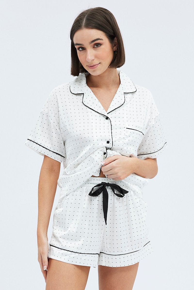 White Polka Dot Polka Pj Contrast Piping Satin Pyjama Set for Ally Fashion