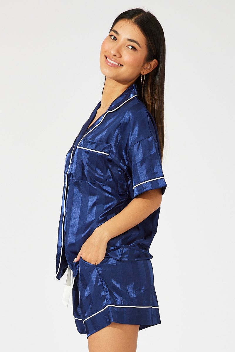 Blue Stripe Satin Stripe Pj Contrast Piping Pyjama Set for Ally Fashion