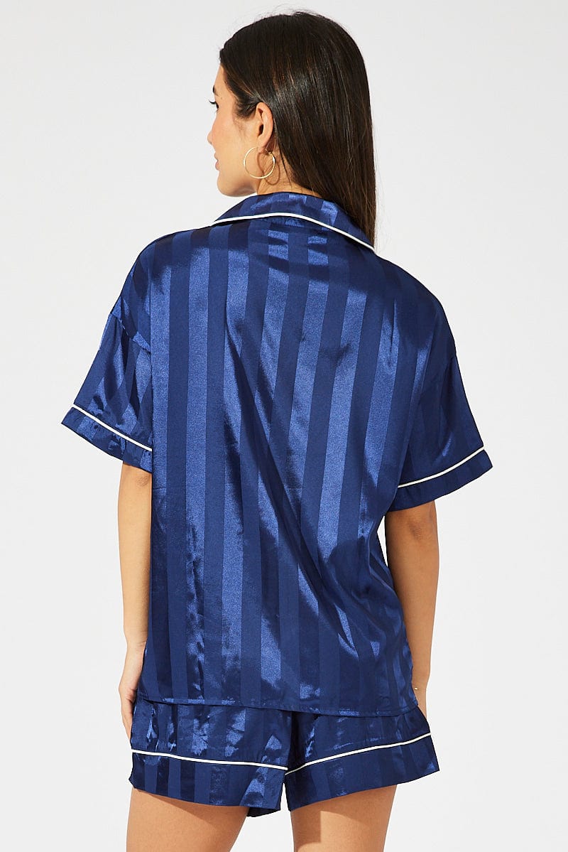 Blue Stripe Satin Stripe Pj Contrast Piping Pyjama Set for Ally Fashion