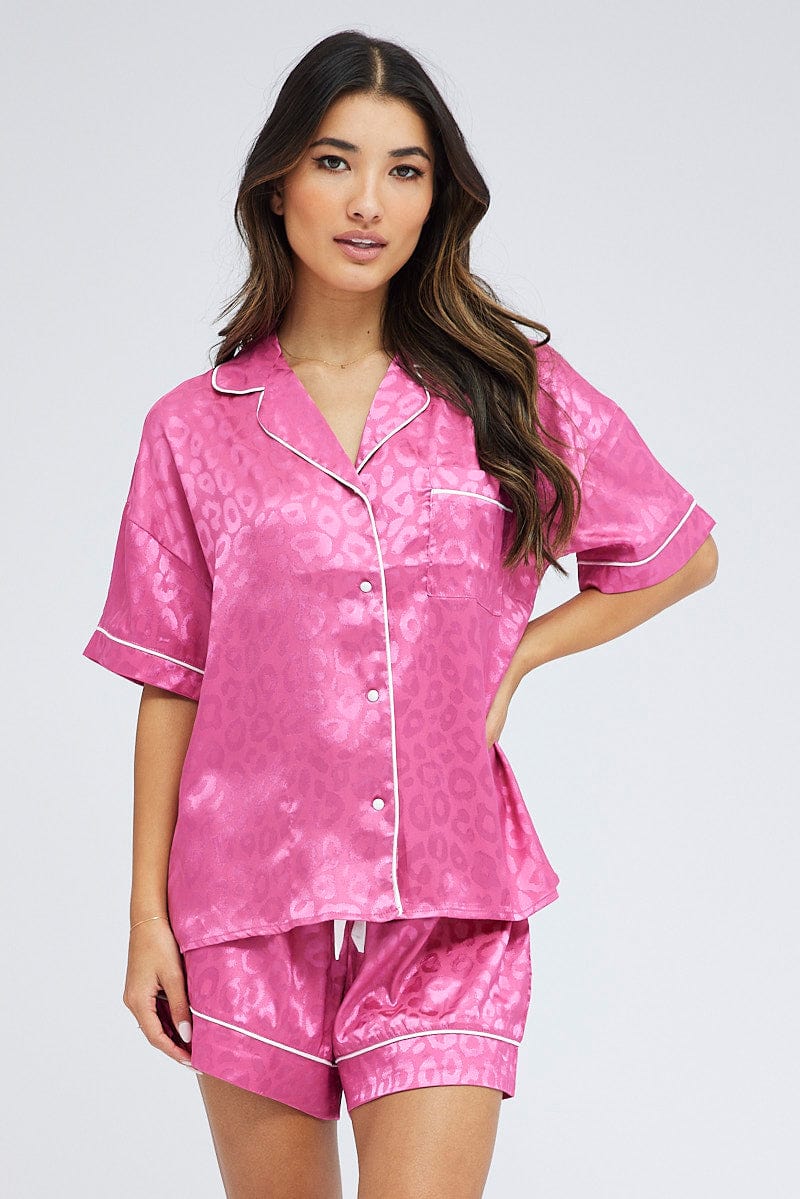 Pink Pyjama Set Leopard Jacquard Satin Piping PJ for Ally Fashion