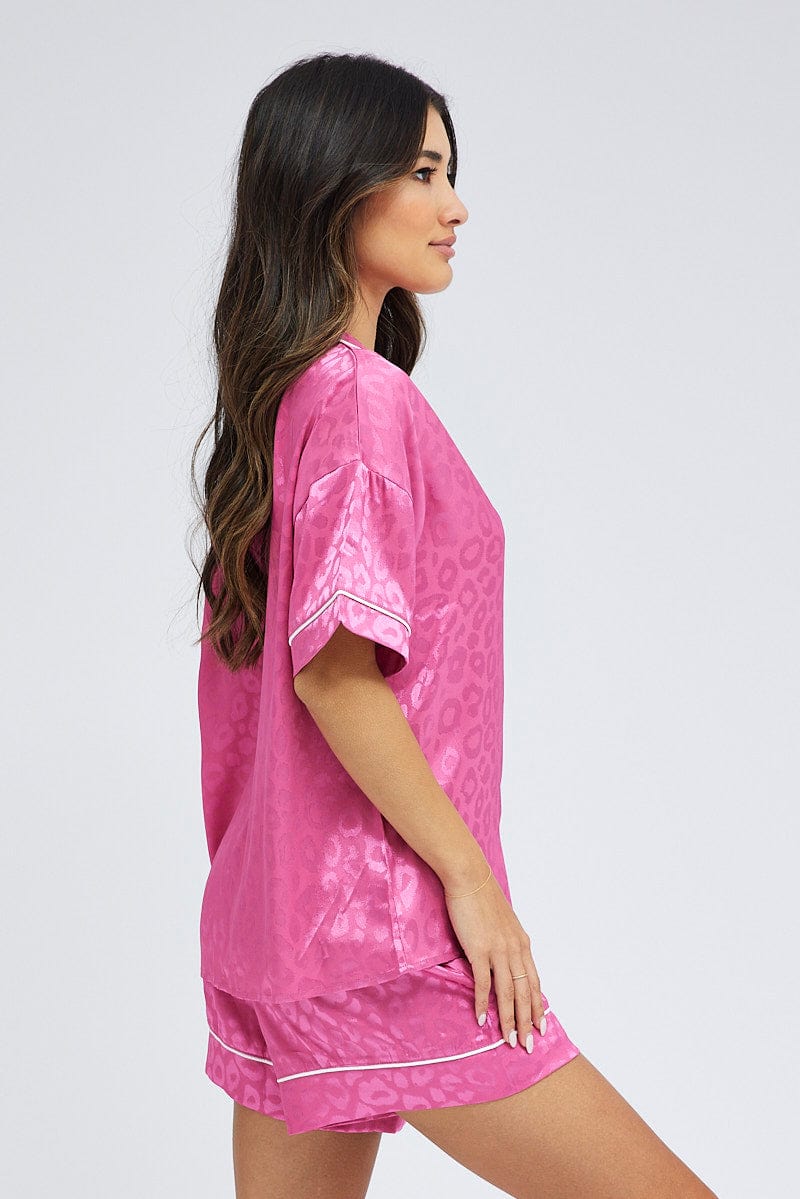 Pink Pyjama Set Leopard Jacquard Satin Piping PJ for Ally Fashion