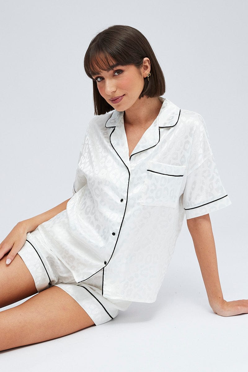 White Pyjama Set Leopard Satin Jacquard Piping PJ for Ally Fashion