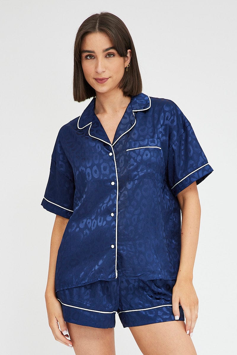 Blue Animal Print Pyjama Set Leopard Jacquard Contrast Piping PJ for Ally Fashion