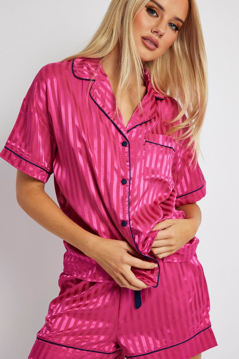 Pink Stripe Pyjama Set Stripe Satin Jacquard Navy Piping PJ for Ally Fashion