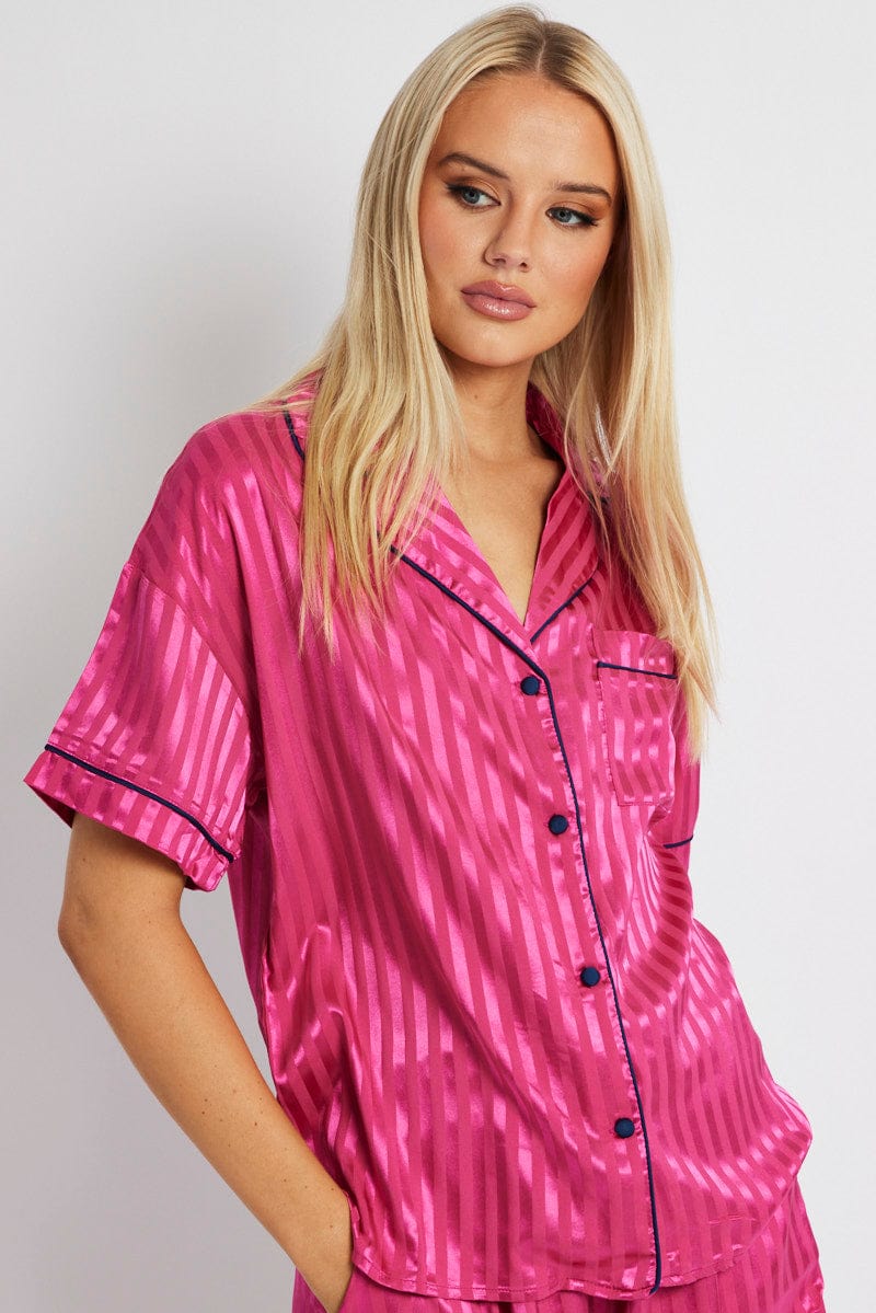 Pink Stripe Pyjama Set Stripe Satin Jacquard Navy Piping PJ for Ally Fashion