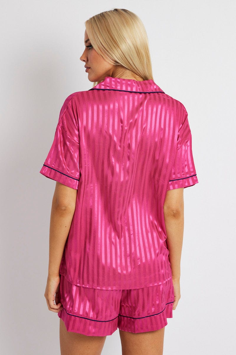 Pink Stripe Pyjama Set Stripe Satin Jacquard Navy Piping PJ for Ally Fashion