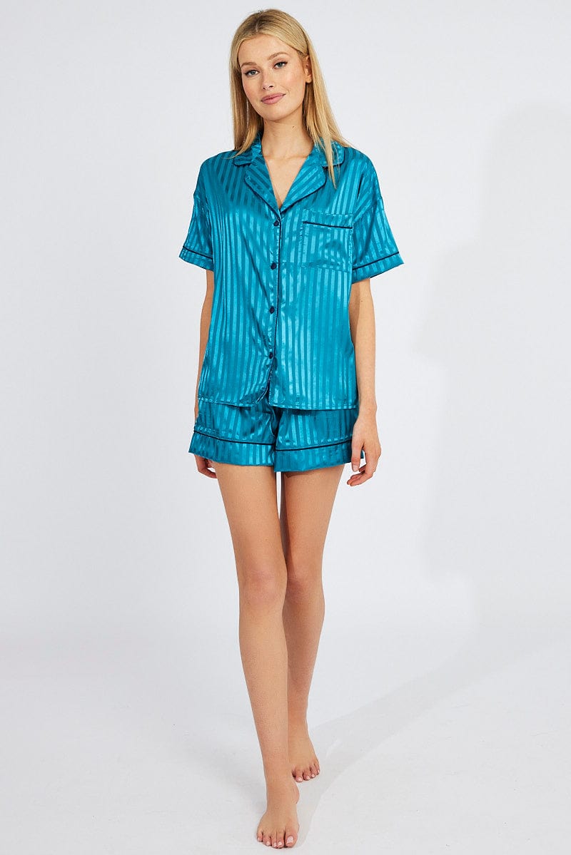 Blue Stripe Pyjama Set Stripe Satin Jacquard Navy Piping PJ for Ally Fashion