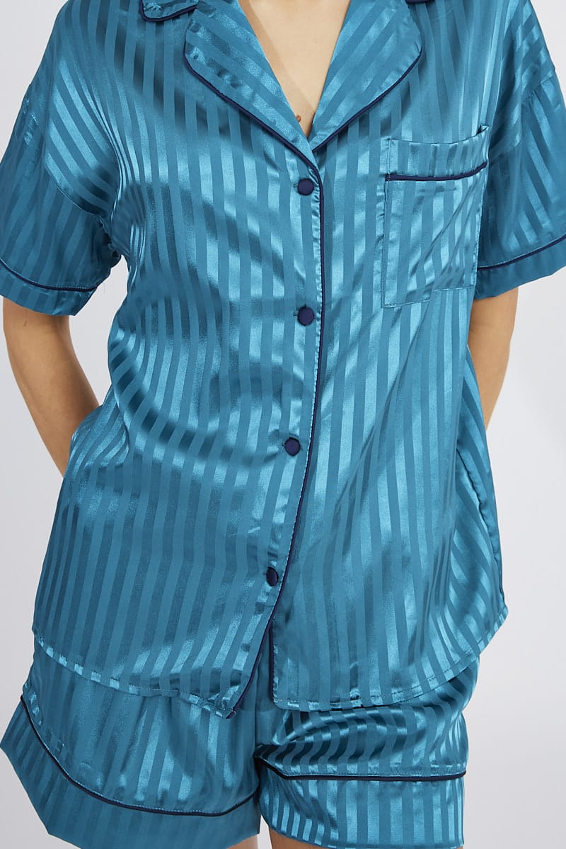 Blue Stripe Pyjama Set Stripe Satin Jacquard Navy Piping PJ for Ally Fashion
