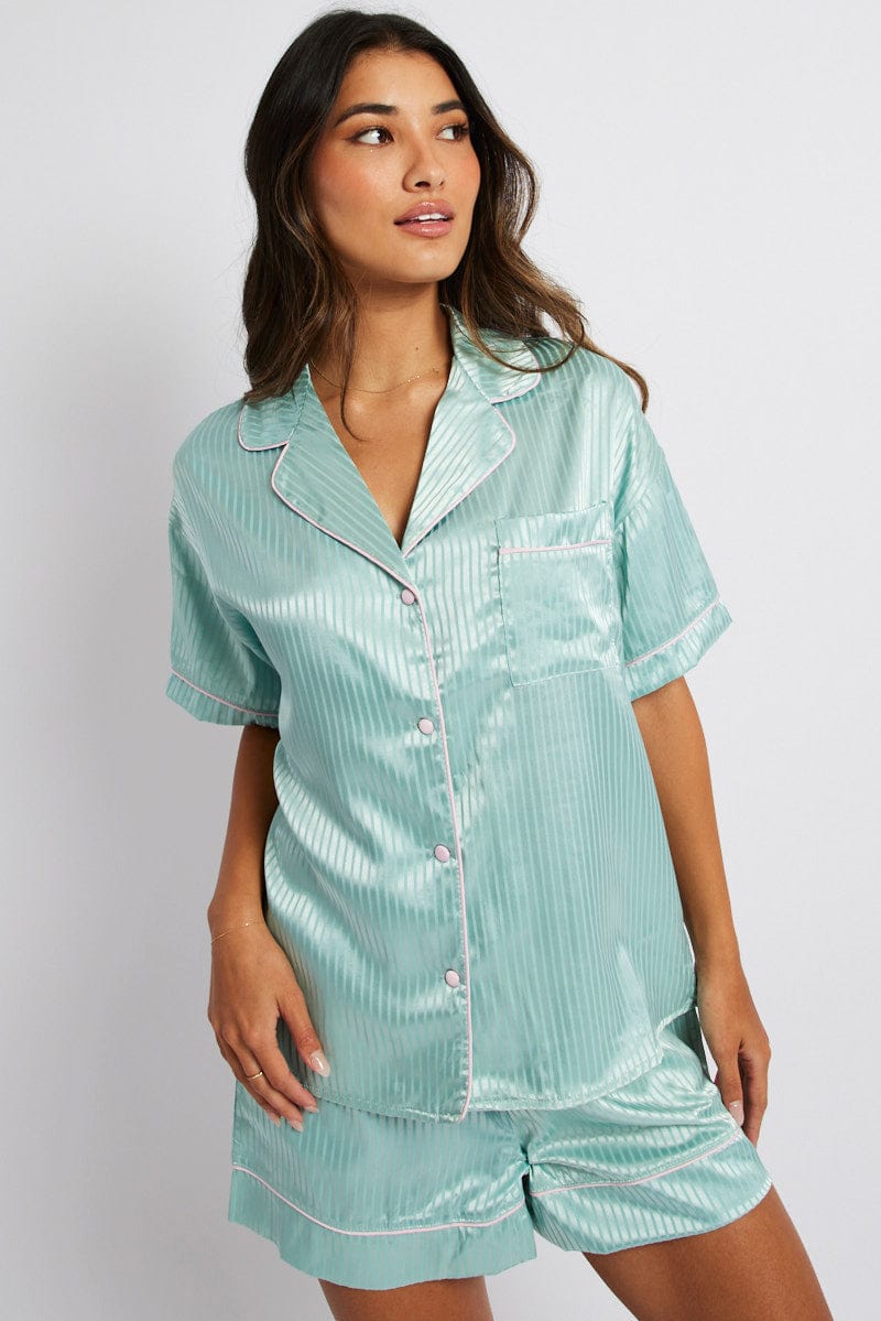 Green Stripe Satin Pj Jacquard Stripe Piping Pyjama Set for Ally Fashion