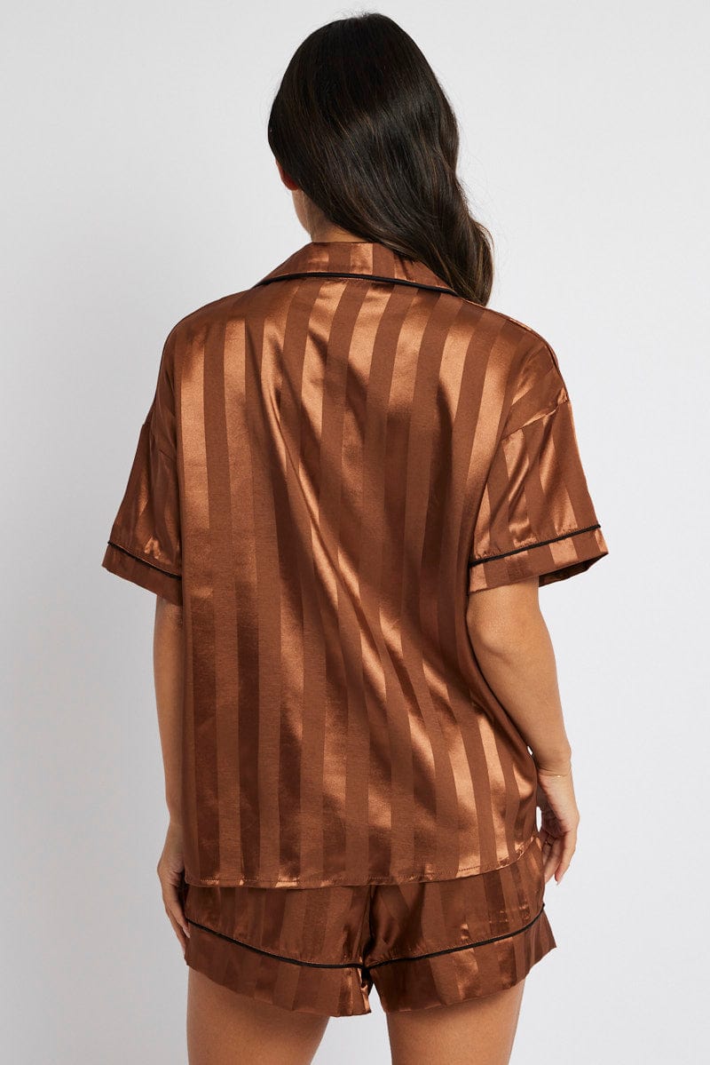 Brown Stripe Satin Pj Jacquard Stripe Piping Pyjama Set for Ally Fashion