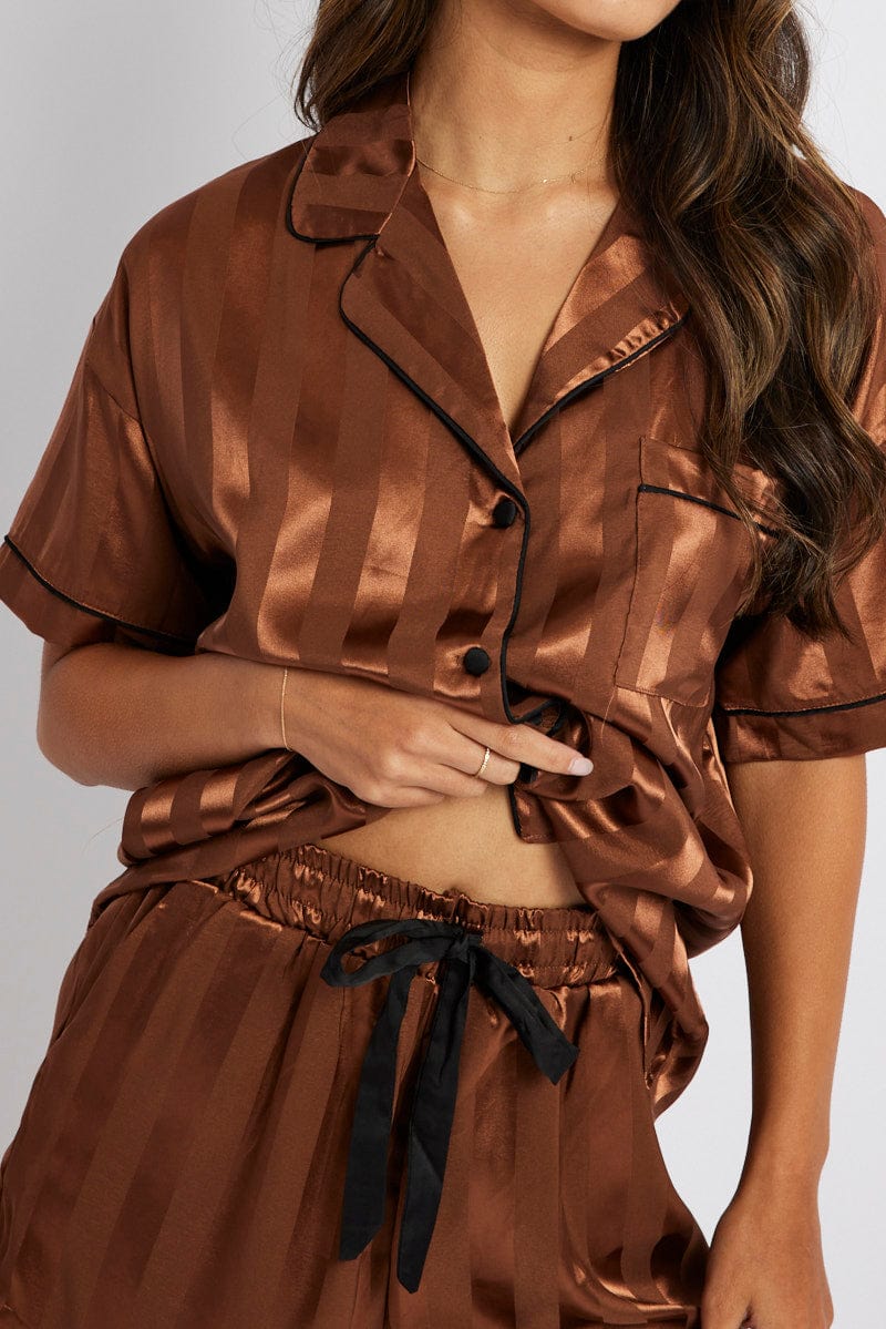 Brown Stripe Satin Pj Jacquard Stripe Piping Pyjama Set for Ally Fashion