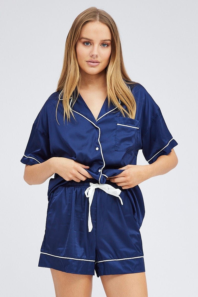 Blue Pyjama Set Short Sleeve Satin Piping PJ for Ally Fashion