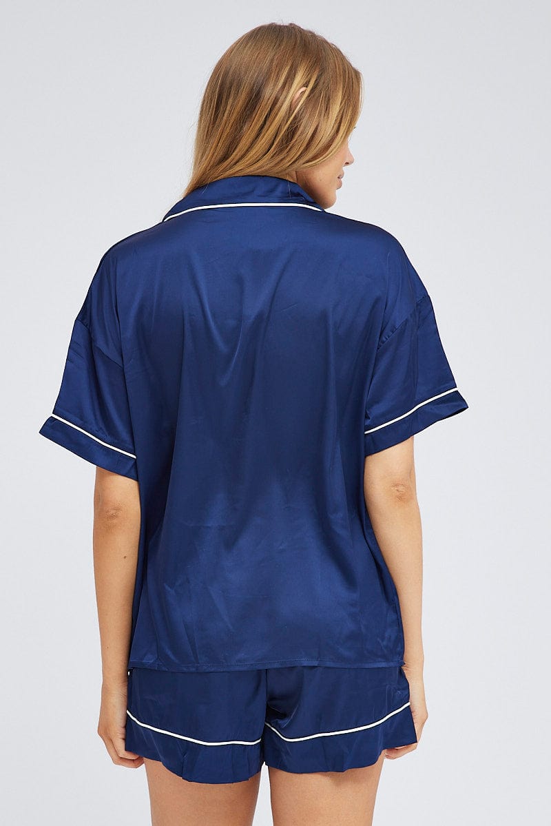 Blue Pyjama Set Short Sleeve Satin Piping PJ for Ally Fashion