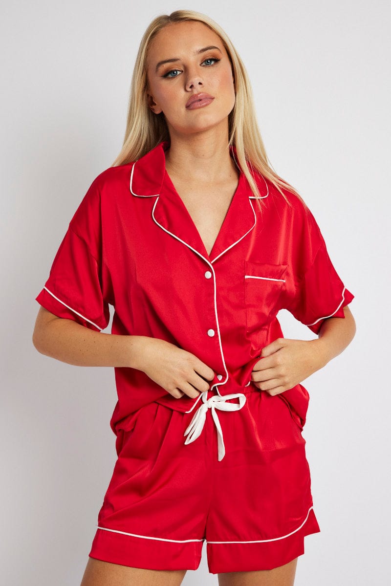 Red Pyjama Set Satin Short Sleeve Contrast Piping PJ | Ally Fashion