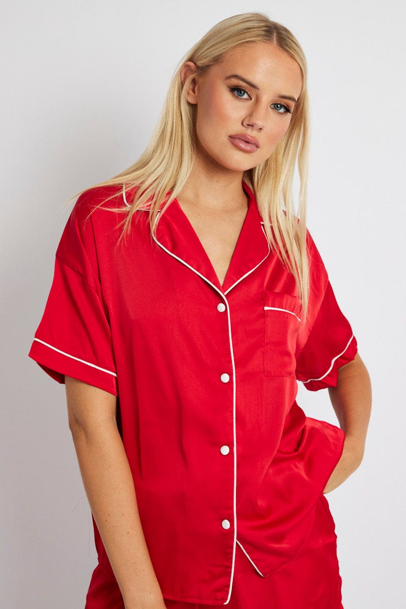 Red Pyjama Set Satin Short Sleeve Contrast Piping PJ for Ally Fashion