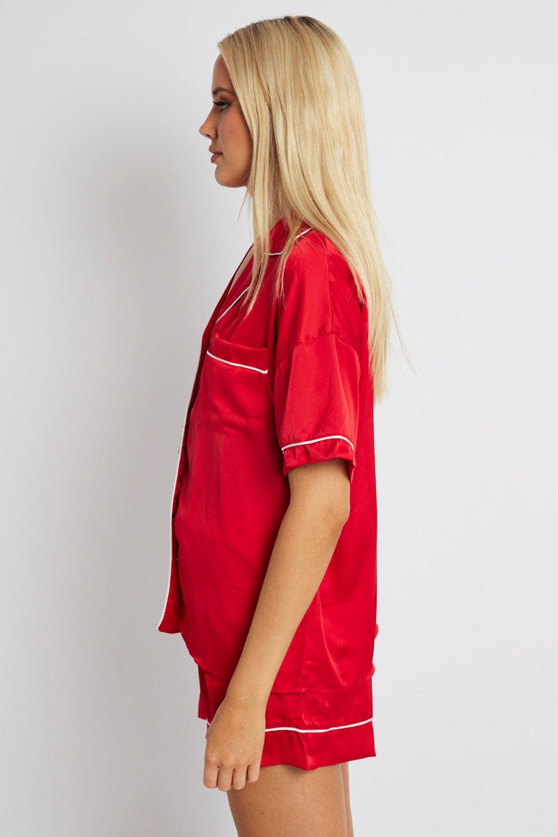 Red Pyjama Set Satin Short Sleeve Contrast Piping PJ for Ally Fashion