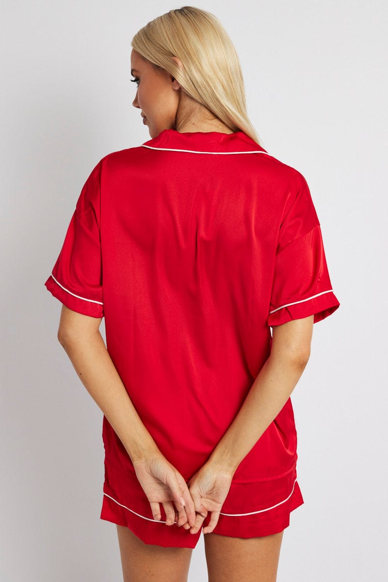 Red Pyjama Set Satin Short Sleeve Contrast Piping PJ for Ally Fashion