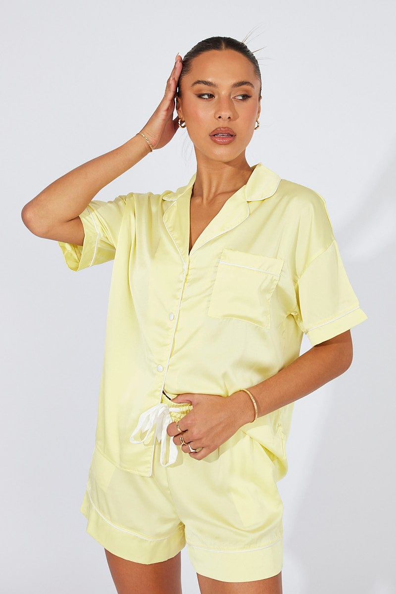 Yellow Pyjama Set Satin Short Sleeve Contrast Piping PJ for Ally Fashion