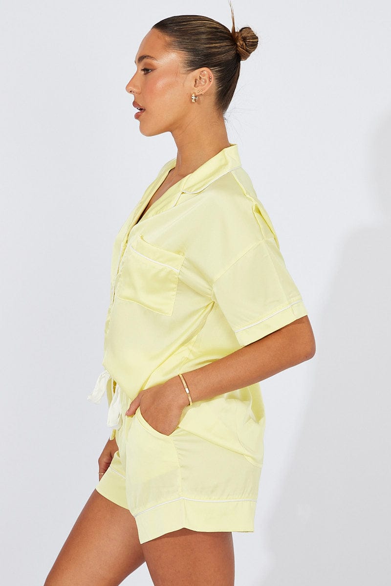 Yellow Pyjama Set Satin Short Sleeve Contrast Piping PJ for Ally Fashion