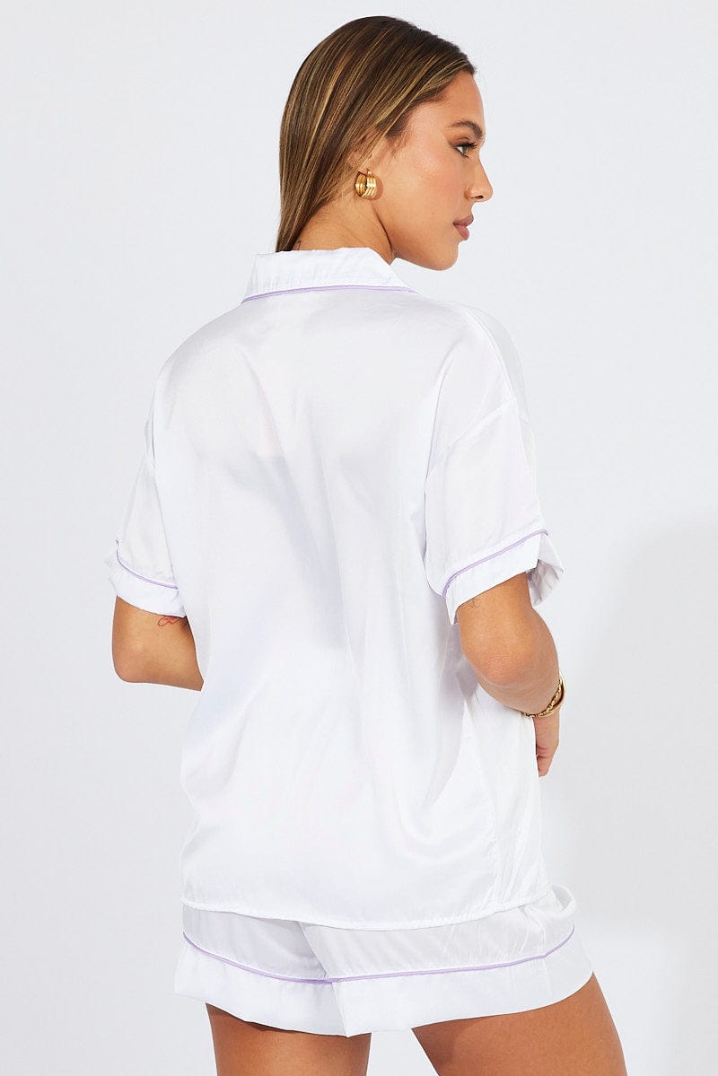 White Pyjama Set Satin Short Sleeve Contrast Piping PJ for Ally Fashion