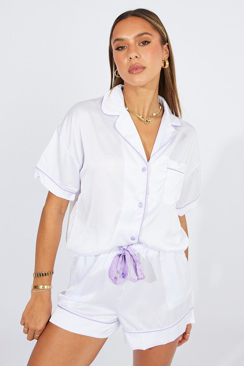 White Pyjama Set Satin Short Sleeve Contrast Piping PJ for Ally Fashion