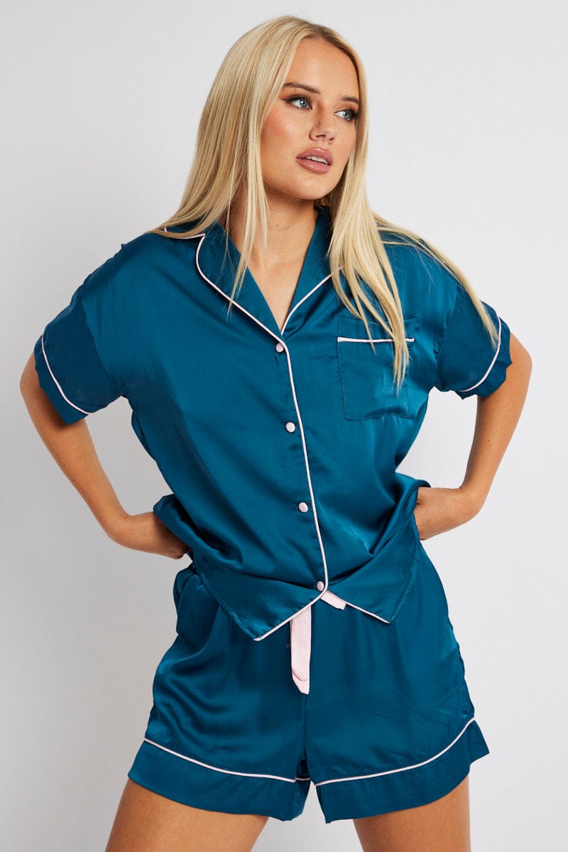 Blue Satin Pj Contrast Piping Pyjama Set for Ally Fashion