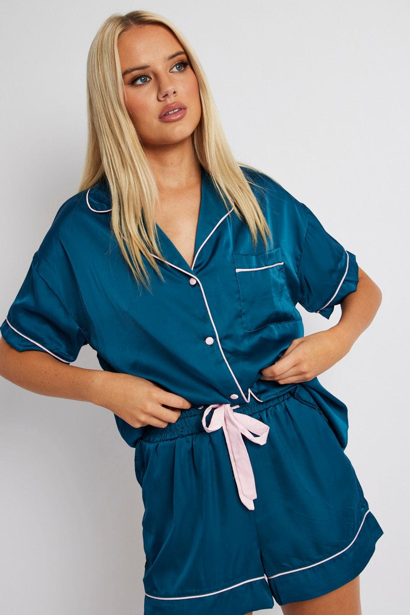 Blue Satin Pj Contrast Piping Pyjama Set for Ally Fashion