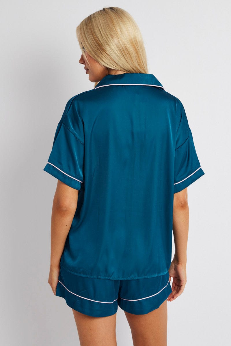 Blue Satin Pj Contrast Piping Pyjama Set for Ally Fashion