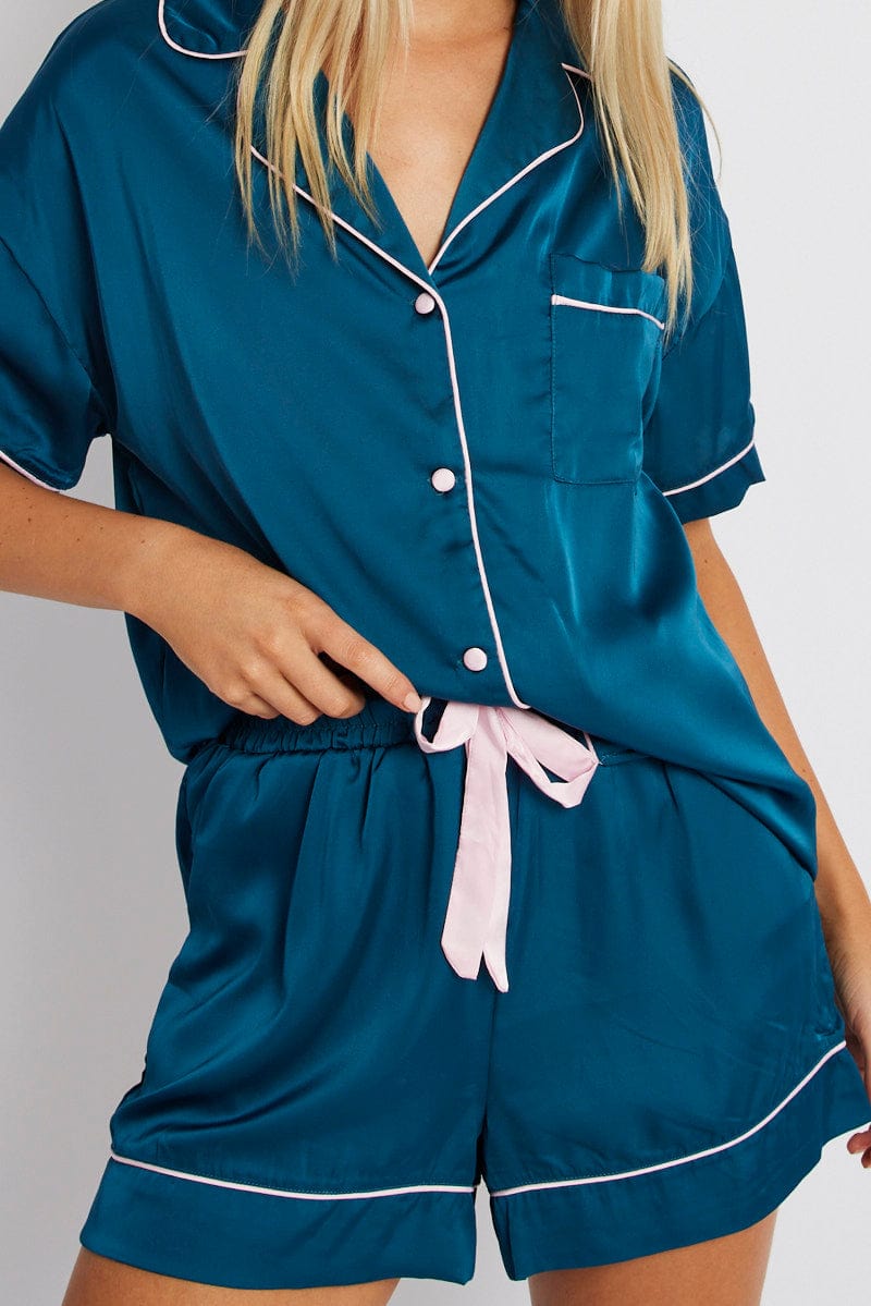 Blue Satin Pj Contrast Piping Pyjama Set for Ally Fashion