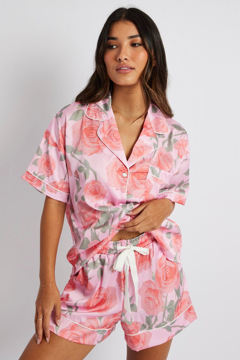 Pink Floral Pyjama Set Satin Short Sleeve Piping PJ | Ally Fashion