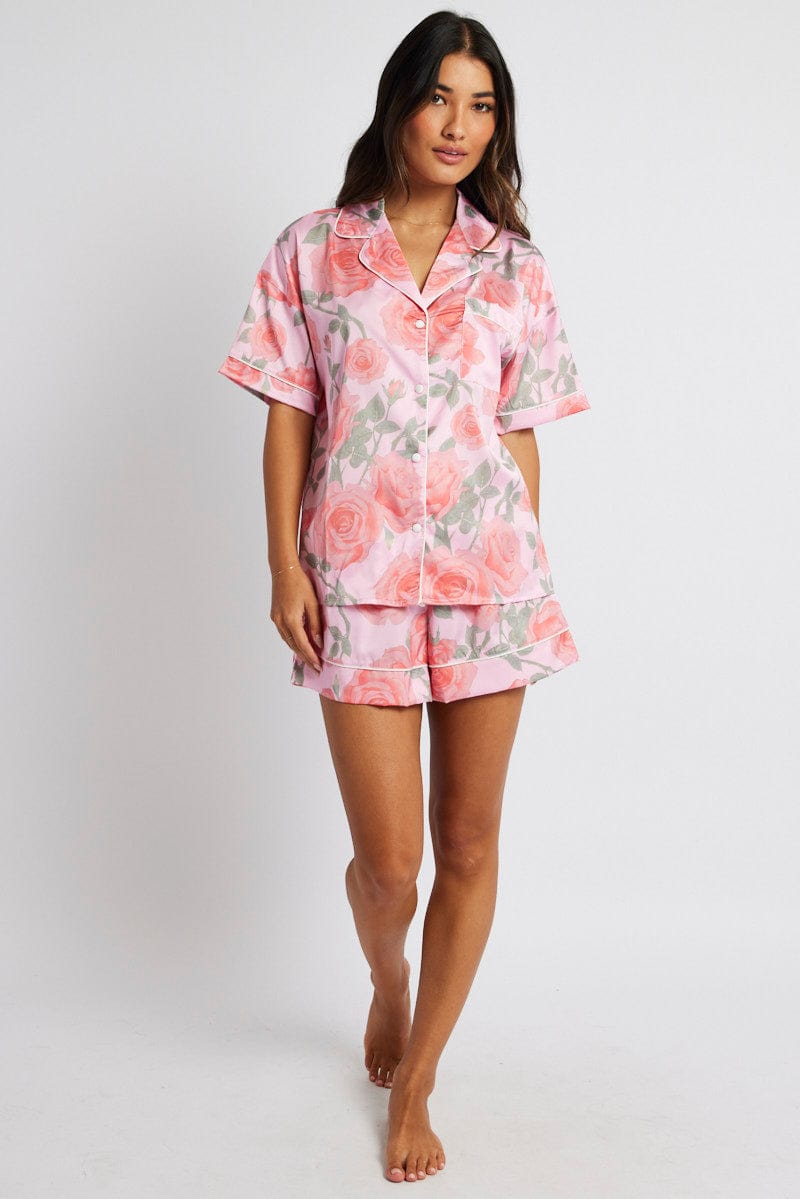 Pink Floral Pyjama Set Satin Short Sleeve Piping PJ | Ally Fashion