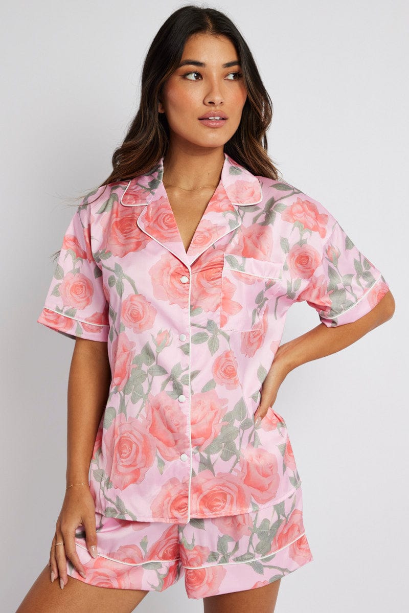 Pink Floral Pyjama Set Satin Short Sleeve Piping PJ | Ally Fashion