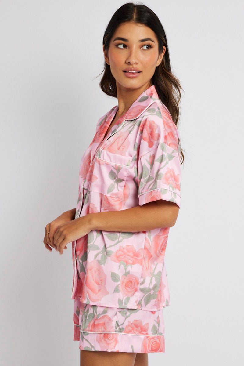 Pink Floral Pyjama Set Satin Short Sleeve Piping PJ | Ally Fashion
