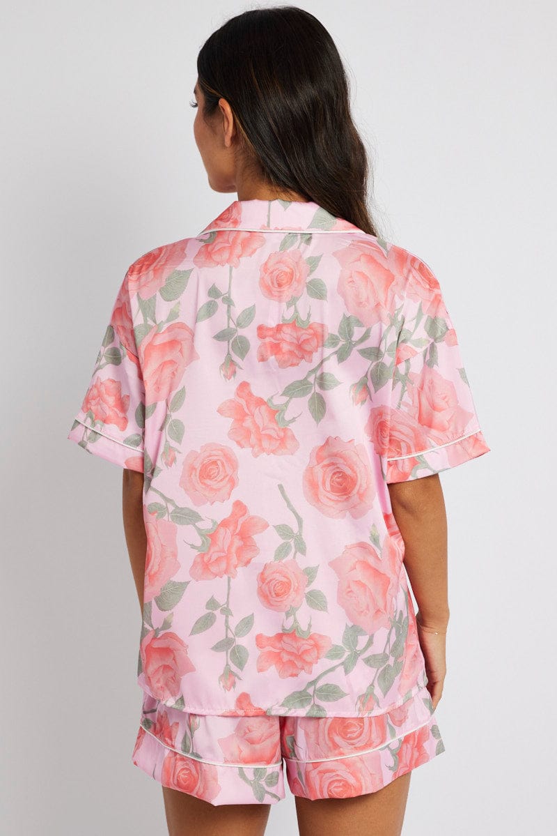 Pink Floral Pyjama Set Satin Short Sleeve Piping PJ | Ally Fashion