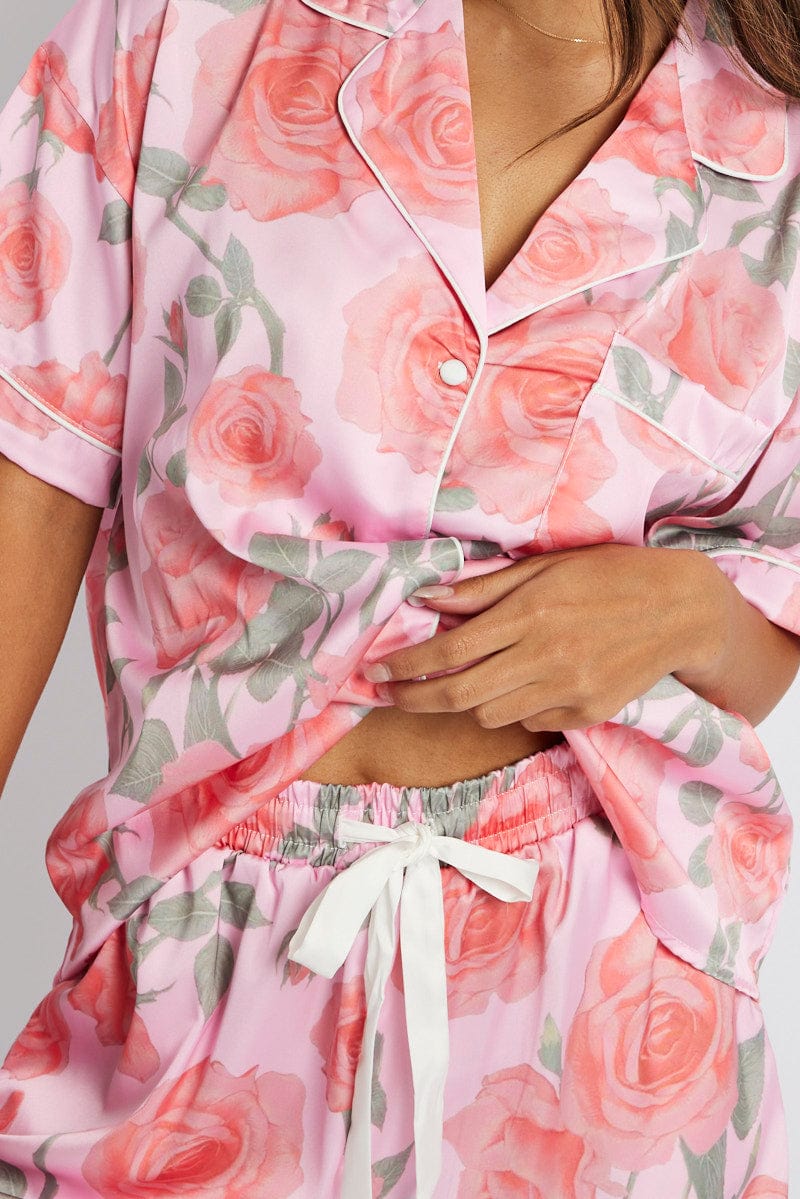 Pink Floral Pyjama Set Satin Short Sleeve Piping PJ | Ally Fashion