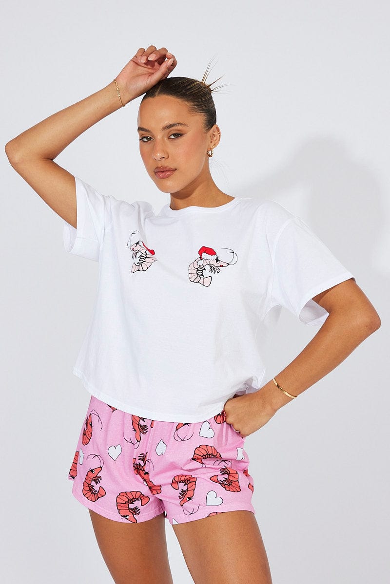 Pink Print Graphic Pyjama Set Novelty Christmas Prawn PJ Set for Ally Fashion